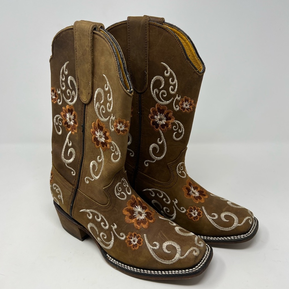 Potrillo brown leather floral embroidered western cowboy boots